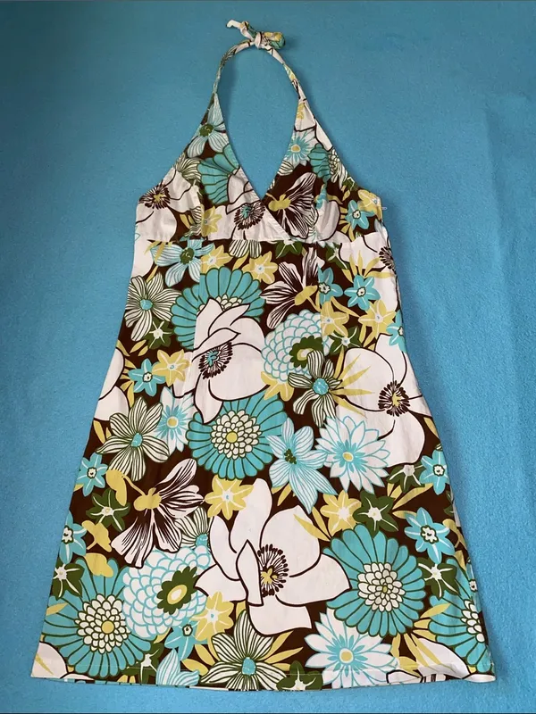 F.L.P. Halter mini bold floral print sundress backless multi colored Y2K size 14 - Image 2