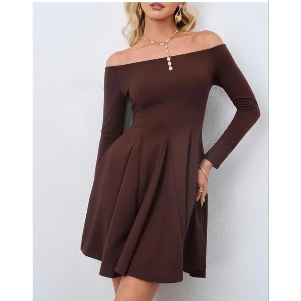 NEW Brown Off The Shoulder Long Sleeve A Line Pleated Mini Dress S - Image 7