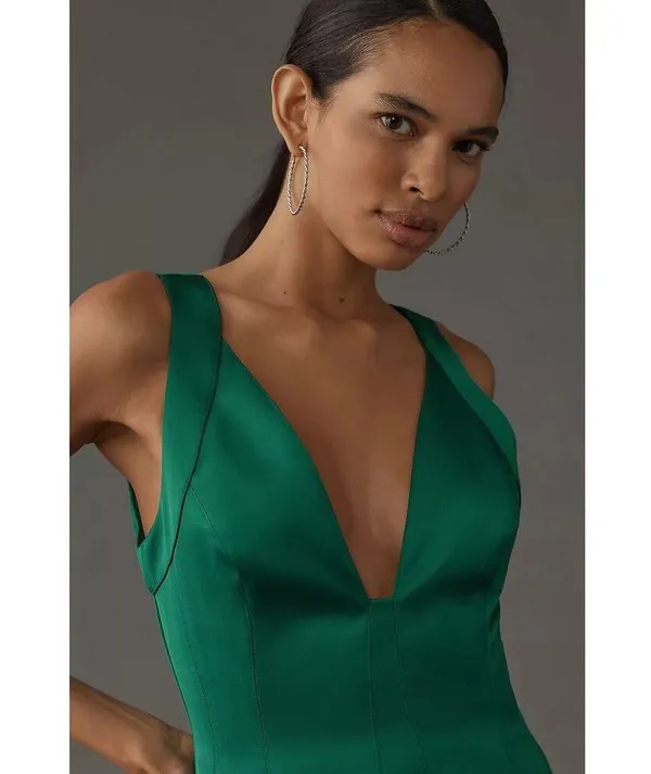 Anthropologie Green Sleeveless Plunge Satin Mini Holiday Cocktail Dress Size 10 - Image 3