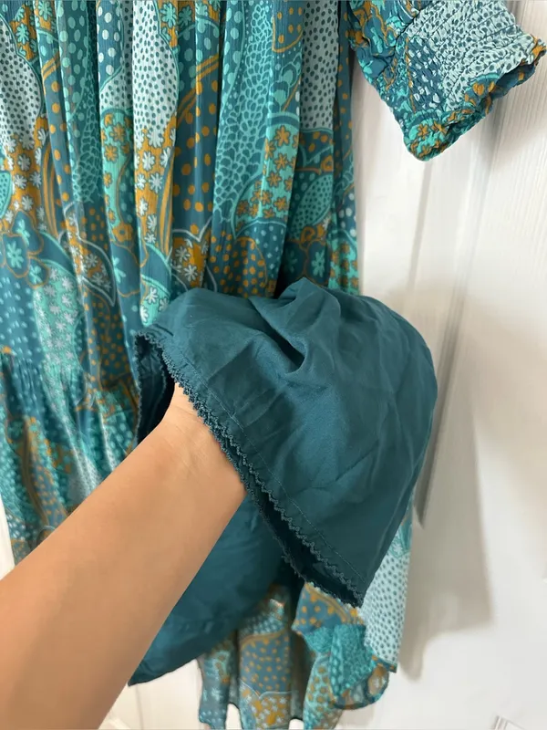 Anthropologie Odetta Ruffled V-Neck midi Dress Teal Gold Boho Mixed Print Small - Image 7