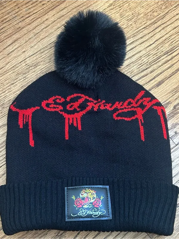 ED HARDY UNISEX Graphic Red Logo And Tiger Knit Pom Pom Beanie NWOT Size OS - Image 9