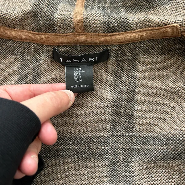 Tahari Plaid Hooded Belted Cardigan Coat Coatigan Tan‎ Black Medium M Jacket - Image 7