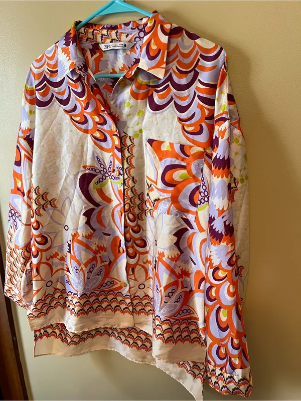 Zara Multicolor Button-Down Blouse — Orange, Purple, Green, White - Image 4