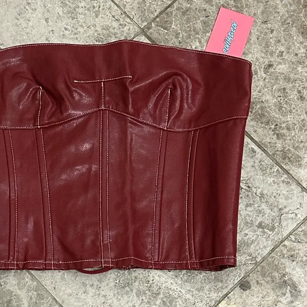 Edikted Moss Faux Leather Lace Up Corset Burgundry NEW Medium - Image 4