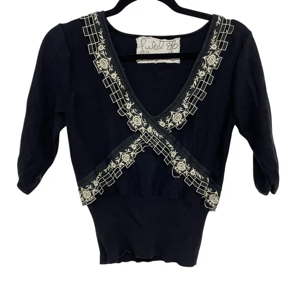 Anthropologie Field Flower Black Short Sleeve Lace Trim Sweater Womens S Y2K - Image 2
