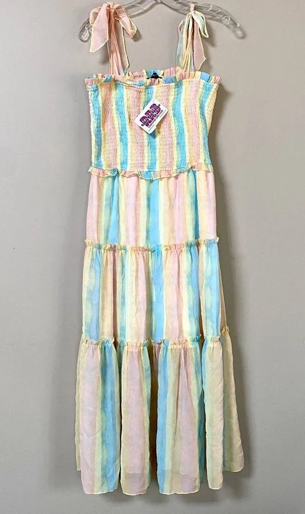 Aakaa NWT pastel rainbow smocked ruffle tiered shoulder tie midi dress Sz Large - Image 4