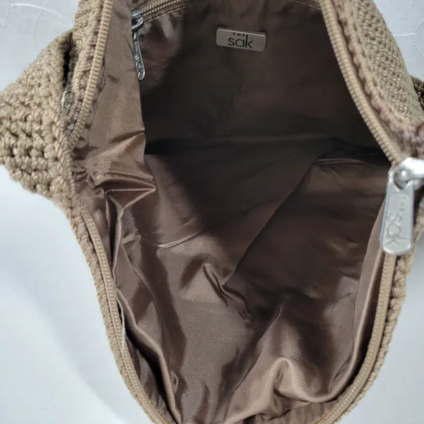 Vintage Sak Crochet Shoulder Bag 10" Dark Tan Nylon Ladies Handbag Pockets - Image 12