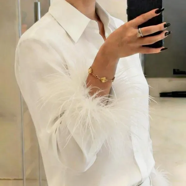 Shein Button Down Shirt with Feather Trim  - Image 3