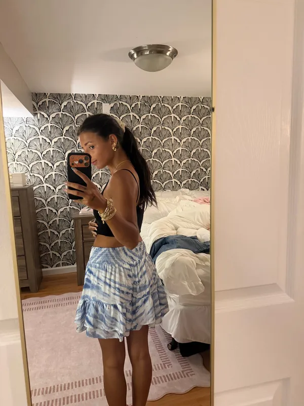Surf Gypsy Skirt Blue White Metallic Tie-Dye Tiered Ruffle Mini M - Image 2
