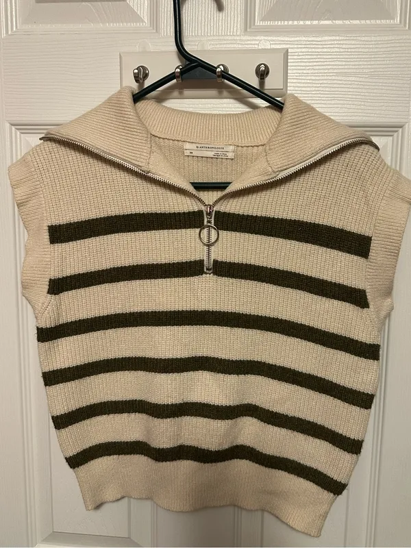Anthropologie Cream and Olive Striped Half-Zip V-Neck Sweater Vest - Image 2