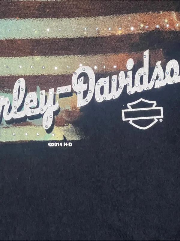 Harley Davidson Galaxy American Flag Studded T-Shirt Pikes Peak CO Women L - Image 2