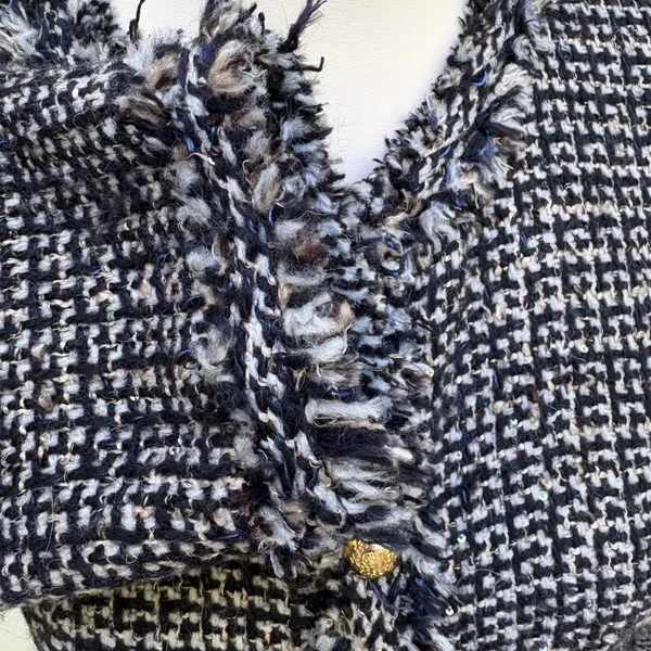 Zara‎ Tweed Mini Dress Size M Black Blue Gold Button Frayed Trim Classic Preppy - Image 8