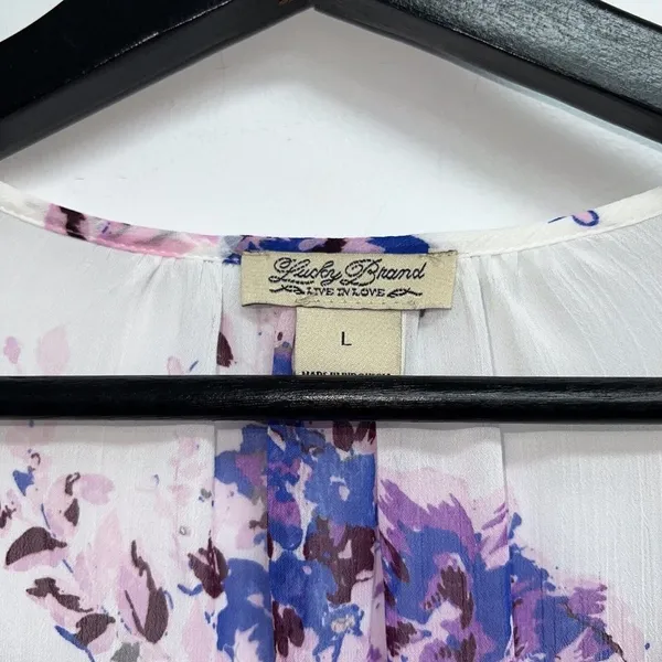 Lucky Brand Womens Sheer Floral Top Size L White Purple Blue Floral Popover - Image 3