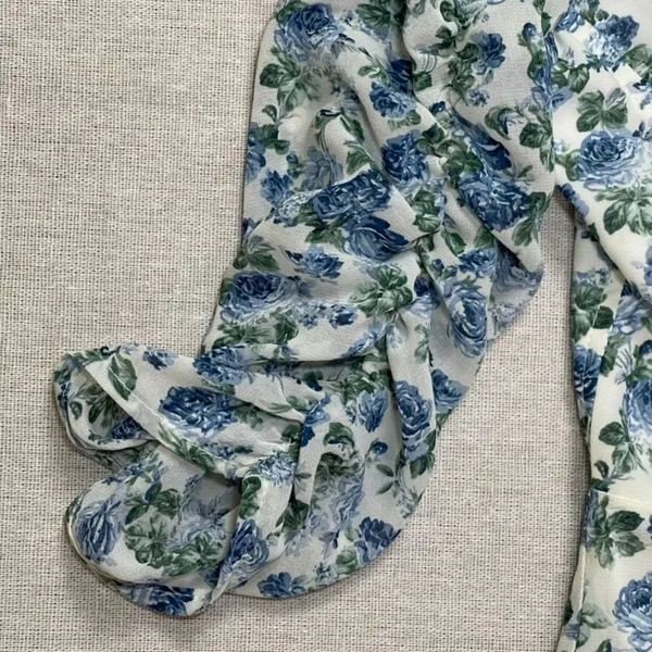 Cotton Candy | NWOT Blue and White Floral Ruched Peasant Dress | Small - Image 5