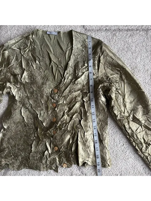 Jolie Mine Paris Olive Green Crinkle Blouse Button Front Long Sleeve Artsy - Image 6