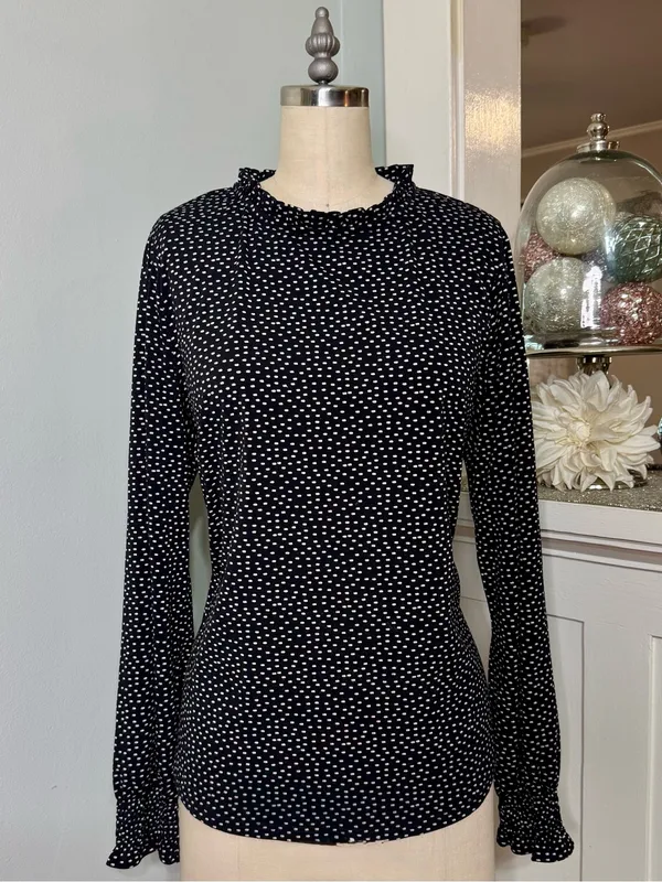 Adrianna Papell Black Polka Dot Long Sleeve Ruffled Mock Neck Blouse Size Large - Image 2