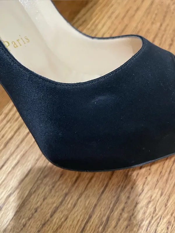 Christian Louboutin Very Prive Black Satin Peep Toe Platform Heels Women 37.5 - Image 10