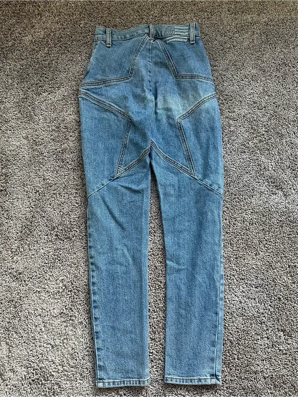 REVICE Blue High-Waist Straight Leg Star Jeans with Geometric Seams - Image 2