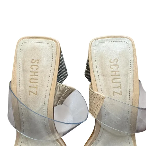 Schutz Shoes Womens Size 8 Beige Vinyl Ariellen Wedge Slide‎ Sandals Rhinestone - Image 4