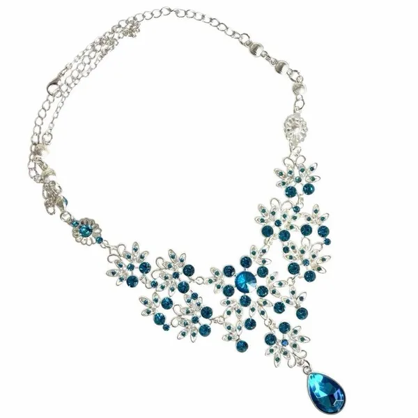 Silver Tone blue Rhinestone Statement Bib Necklace Drop Pendant - Image 8