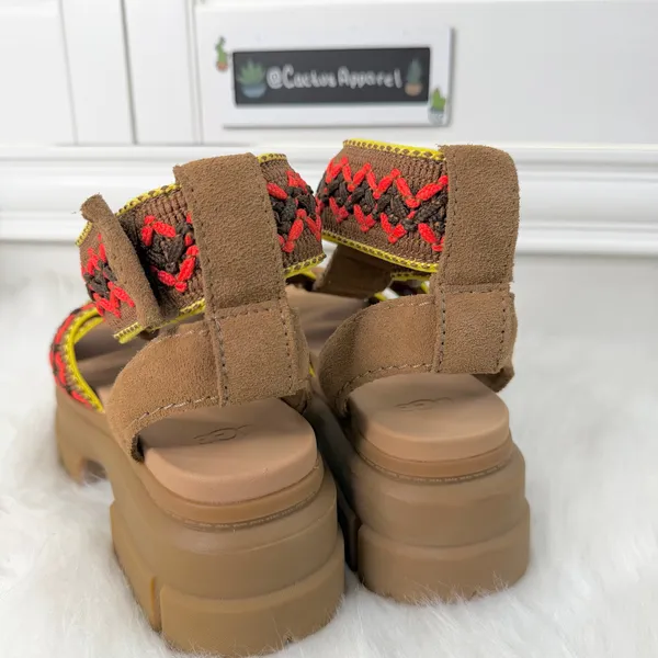 New UGG Ashton Heritage Braid Brown Suede Neon Trim Platform Sandals Size 7 - Image 4