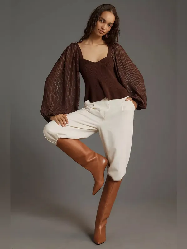 Anthropologie‎ Bl-nk Peplum Twofer Sweater Top Balloon Sleeves Brown Size Small - Image 9