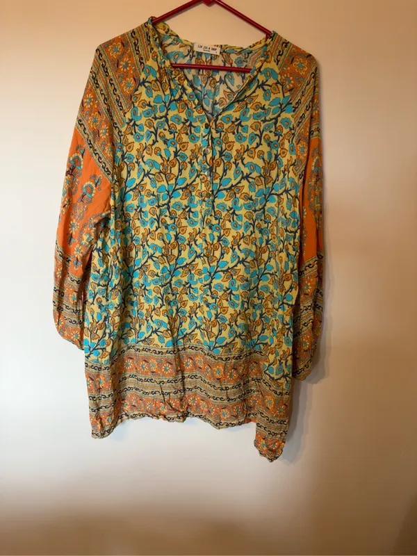 Bohemian Floral V-Neck Dress in Turquoise & Orange - Image 2
