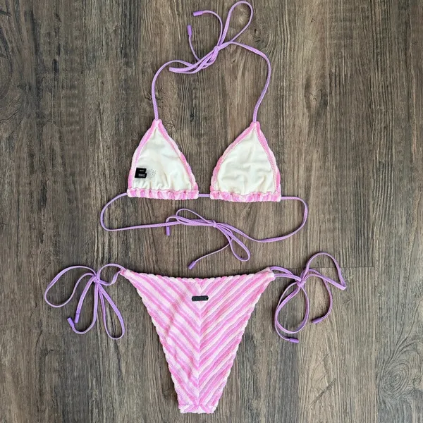 Triangl Swimwear Vinca Lotus Pink Stripe Terry Toweling Bikini Set Size Small - Image 4