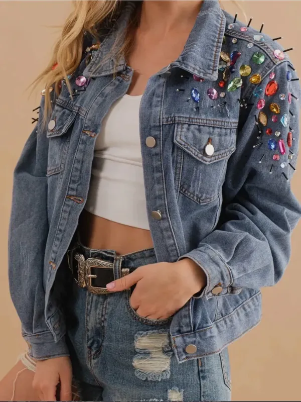 Blue B Collection Denim Jacket with Colorful Rhinestones and Spikes, Size M - Image 13
