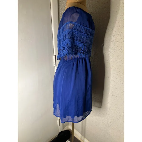 Gameday By Chloe Blue Strapless Boatneck Lace Top Mini Dress S Rainbowcore Twee - Image 4