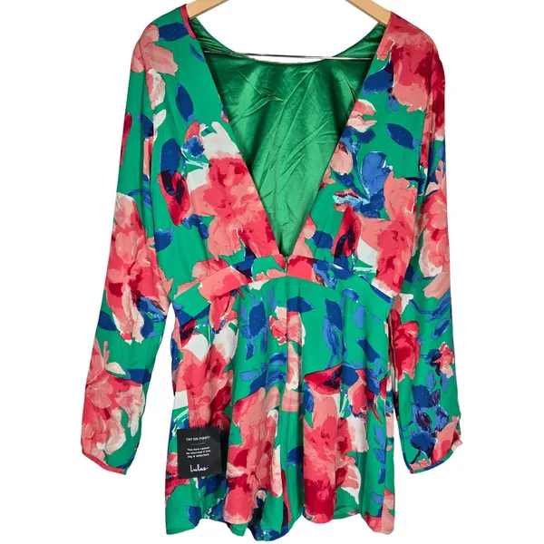Lulu's Sweetest‎ Song Green Floral Print Backless Long Sleeve Romper M NEW - Image 2