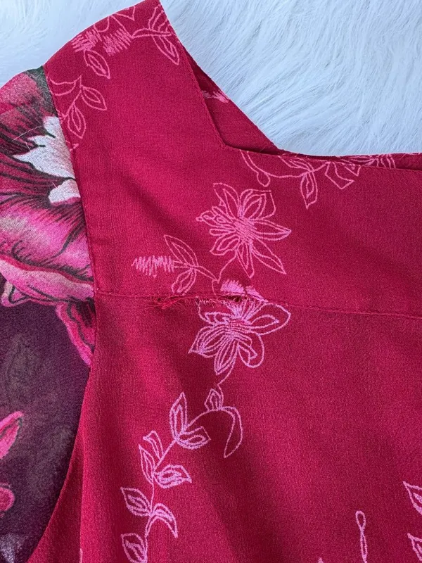 Passport Floral Smocked Elastic Waist Peasant Top Blouse Size L Burgundy - Image 10