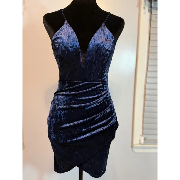 Navy Blue Velvet Bodycon Dress Ruched Wrap Mini Spaghetti Strap Deep V Cocktail - Image 4