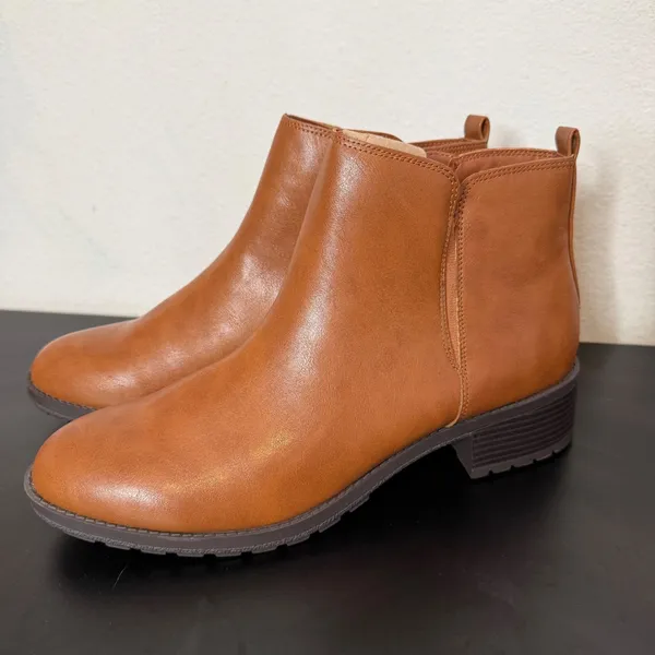 Cognac Brown Ankle Boots Womens 12 Lug‎ Sole Faux Leather Low Block Heel Zip - Image 9