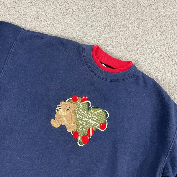 VTG Grandma Sweatshirt M Navy Double Collar Grandkids‎ Embroidered 90s Crewneck - Image 2