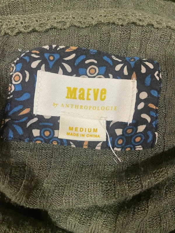 Maeve for Anthropologie Ribbed Knit Top Cowl Neck Flared Hem Olive Green - Image 9
