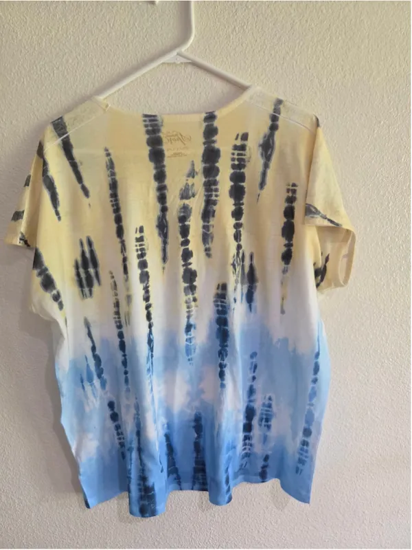 Style & Co Sport Women’s L Short Sleeve Top Yellow Blue Tie Dye Sequin - Image 2