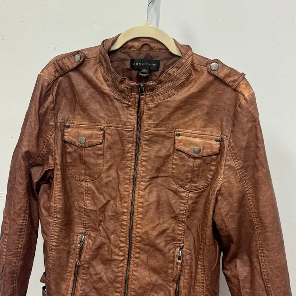 Bagatelle Womens Faux Leather Moto Biker Jacket Brown XL Banded Collar Full Zip - Image 4