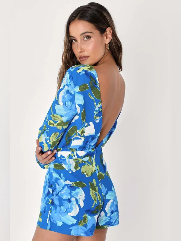 Lulu’s Floral Open Back Romper Blue Long Sleeve Size Medium - Image 2