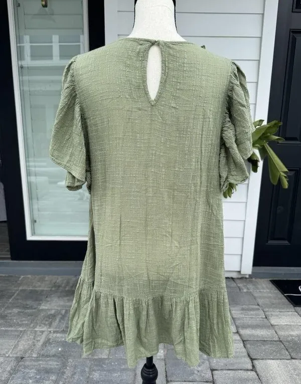 ZARA Cotton Ruffle Flutter Sleeve Mini Dress Natural Boho Khaki Travel Vacation XL - Image 3