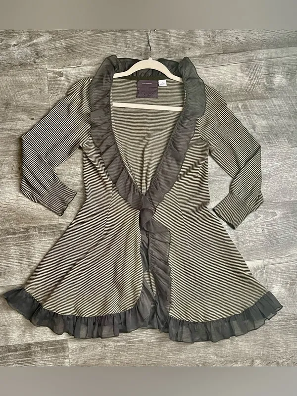 Guinevere Anthropologie Olive Green Striped Ruffle Open Front Cardigan Sz S - Image 3