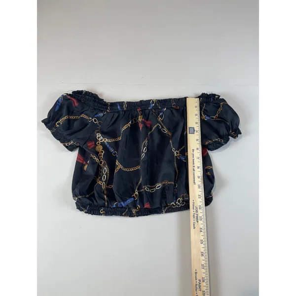 Iris Off‑Shoulder Crop Top Size M Black Gold Chain Detail - Image 3