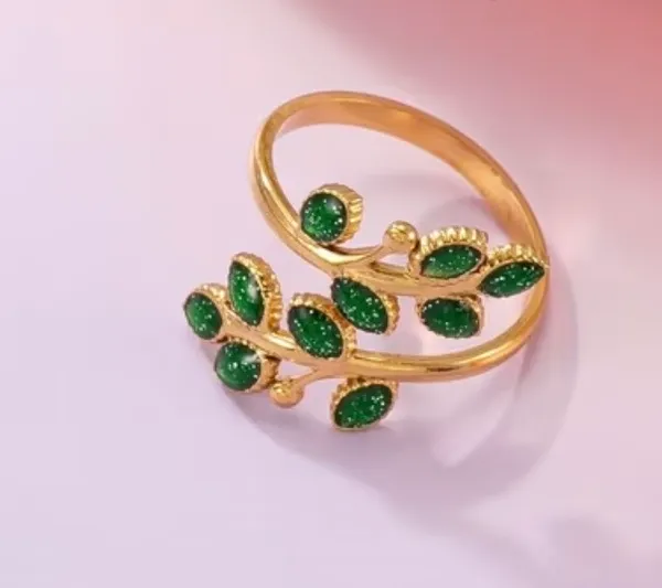 & Other Stories Women’s Stainless Steel 18k Gold Plated Bohemian Emerald Flower Adjustable SZ 6-9 - Image 3