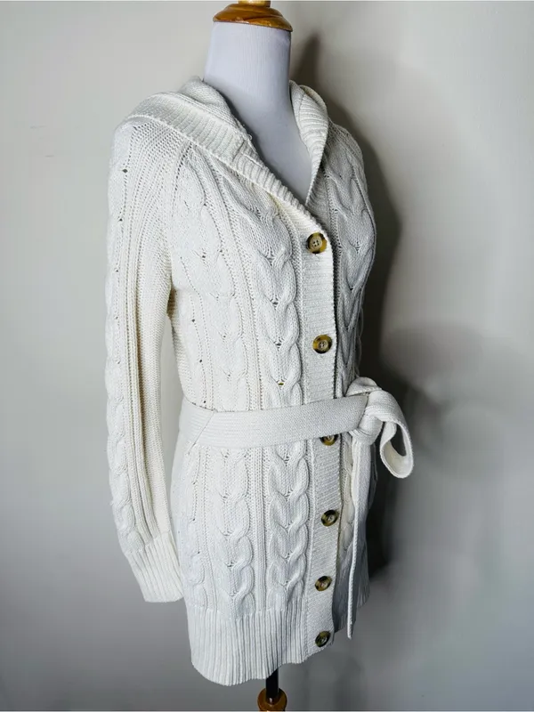 GAP Ivory Y2K Cable Knit Belted Hooded Long Cardigan Sweater - Image 2
