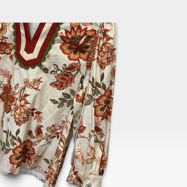 Entro Floral V-Neck Balloon Sleeve Fall Blouse Tan Orange Red Small - Image 8
