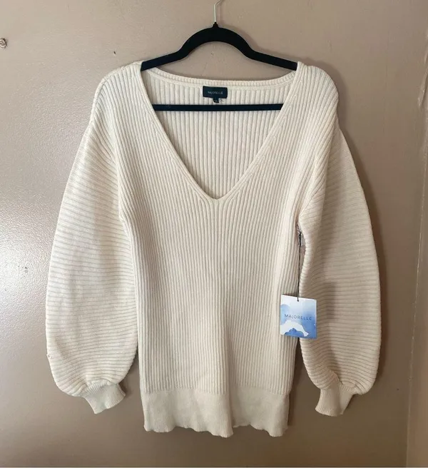 Majorelle Riley Tunic Sweater Ivory ribbed blouson sleeves knit Revolve As Is - Image 10