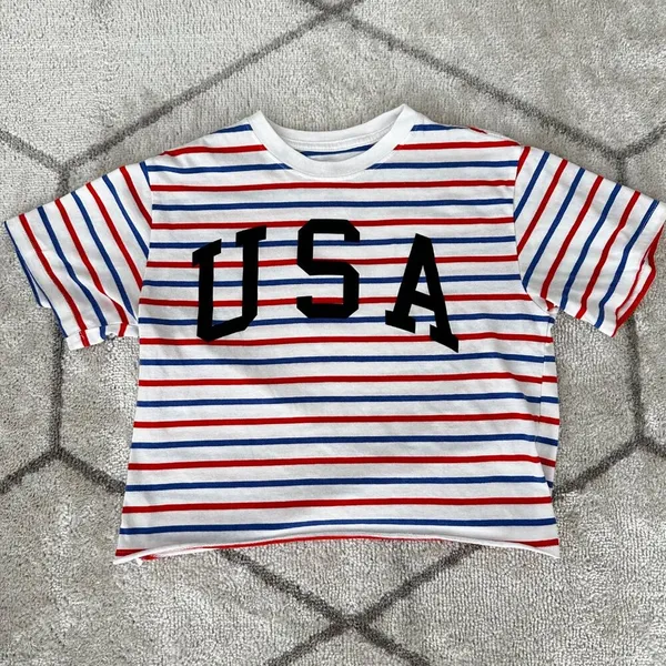 Mighty fine USA Striped Short Sleeve Crop Top Patriotic Tee Sz Medium - Image 2