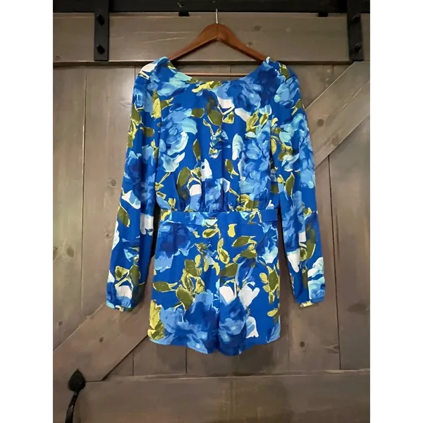 Lulus Sweetest Song Blue Floral Print Backless Long Sleeve‎ Romper Small Cottage - Image 2