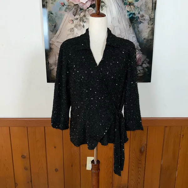 Beautiful J Kara Black Silk Beaded Wrap Blouse! - Image 3