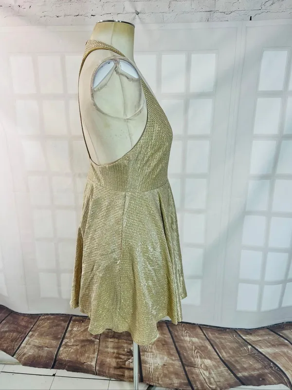 Lulus Gold Apryl Mae Metallic Sleeveless V-Neck Racerback Skater Dress Sz Small - Image 6